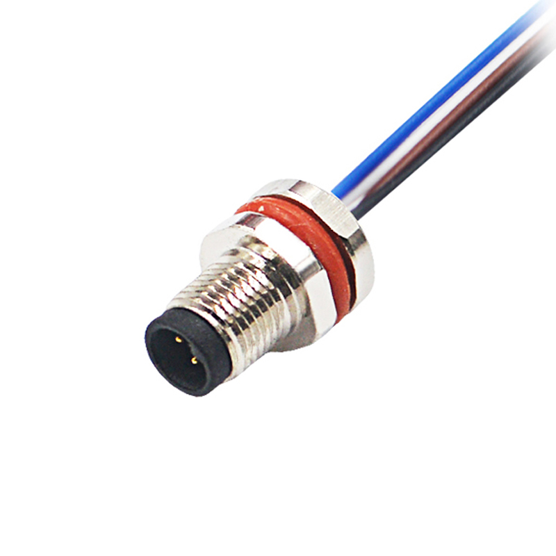 M5 3pins A code male straight rear panel mount connector,unshielded,single wires,26AWG 0.14mm²,brass with nickel plated shell